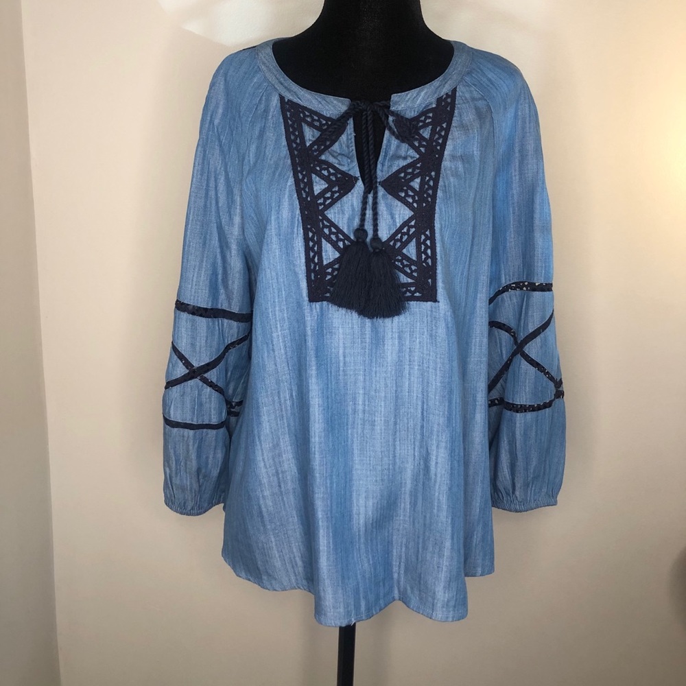 Crown & Ivy Denim blouse, with navy accents.